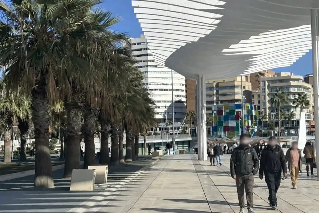 Passeggiata sul Muelle Uno, tra palme, architettura moderna e il Centre Pompidou Málaga.