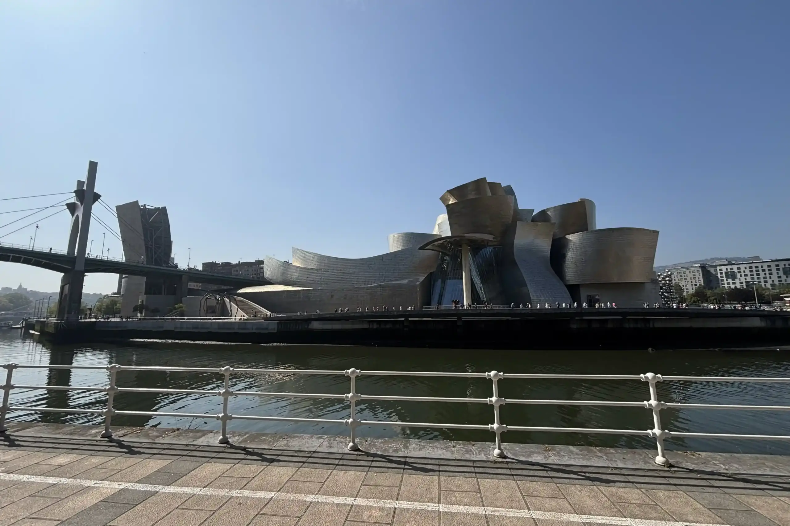 Museo Guggenheim di Bilbao sulla Ría, con il ponte La Salve a sinistra
