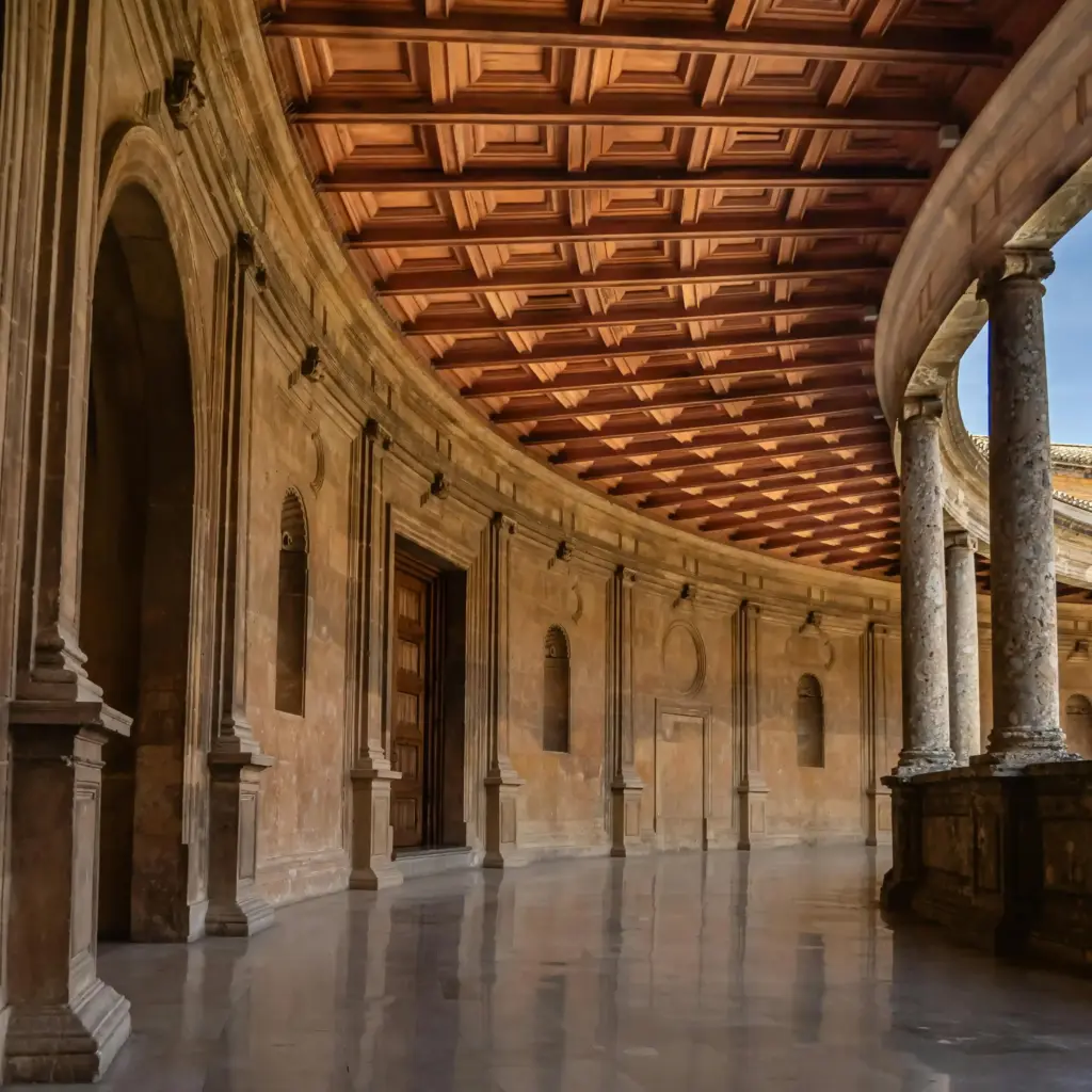 Galleria circolare del Palacio de Carlos V all’Alhambra di Granada con soffitto in legno a cassettoni e colonne in marmo