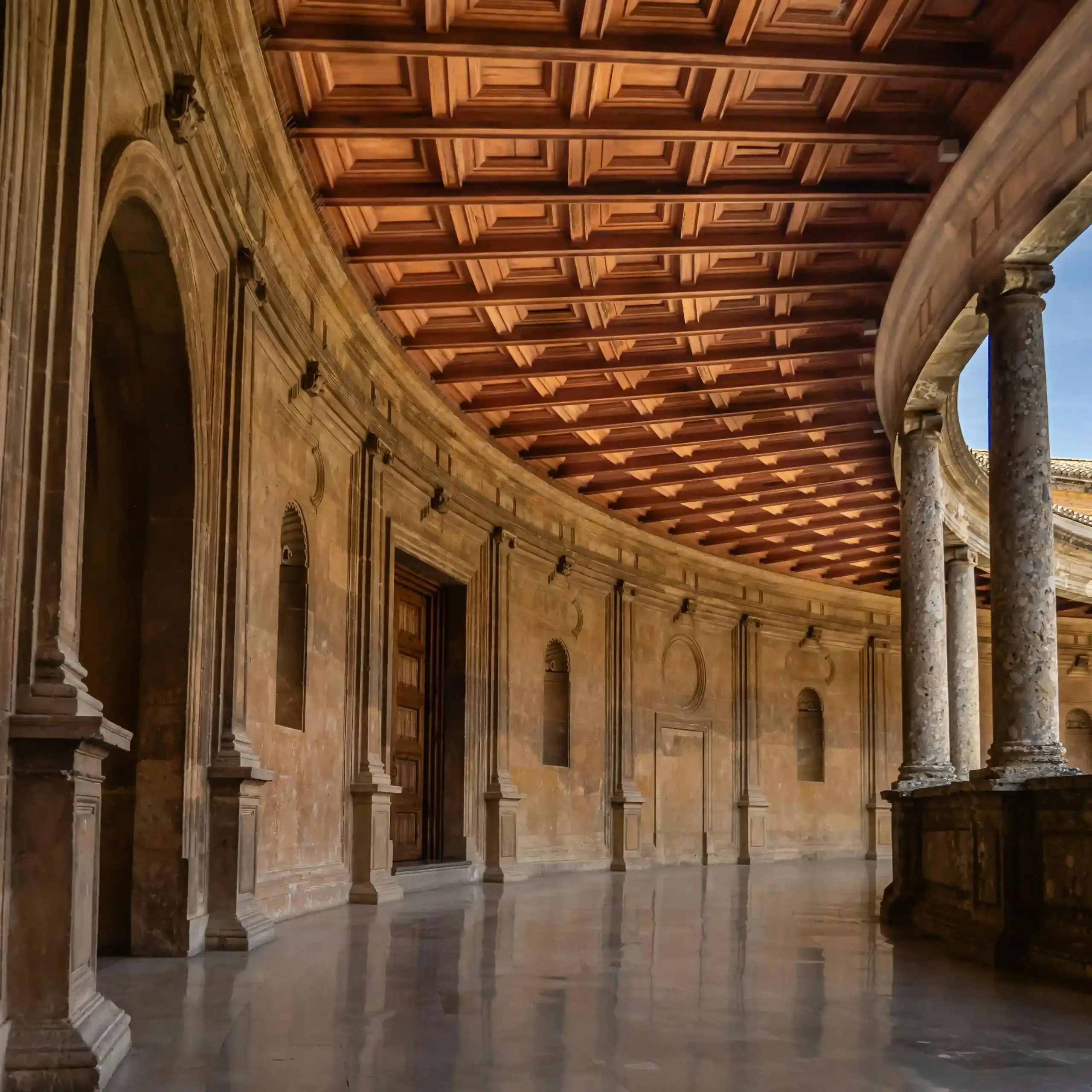 Galleria circolare del Palacio de Carlos V all’Alhambra di Granada con soffitto in legno a cassettoni e colonne in marmo