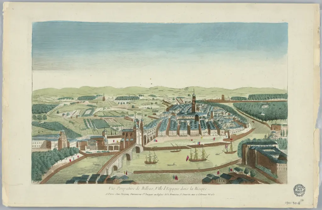 Mappa Bilbao storica con il fiume Nervión e il centro urbano fortificato, quando Plaza Nueva non era ancora stata costruita