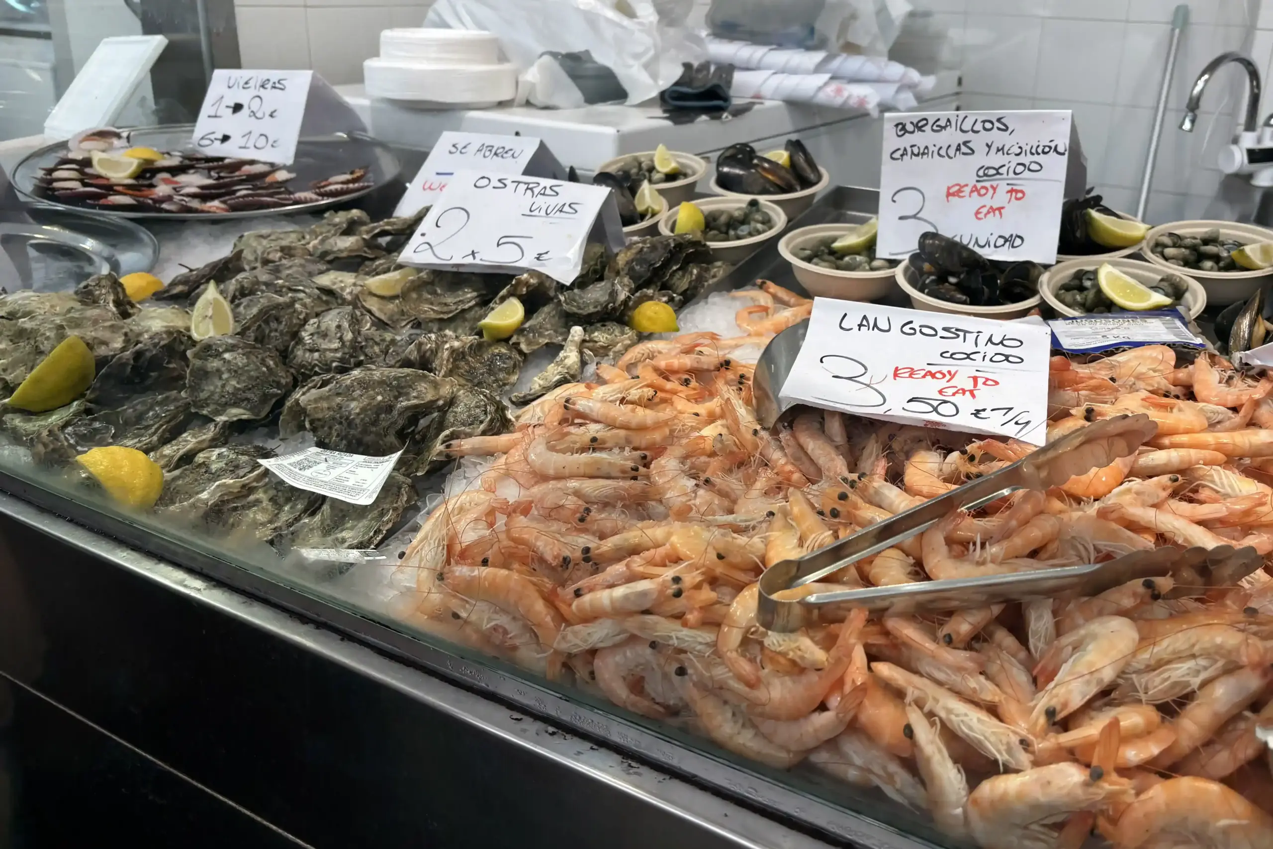 Banco del pesce al Mercado Central di Cádiz con pescato fresco, gamberi e calamari esposti sul ghiaccio