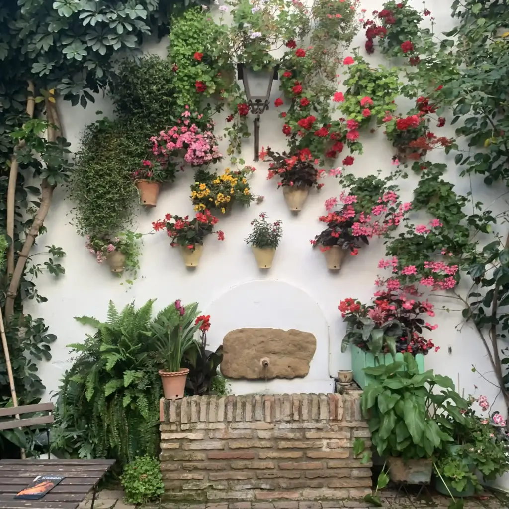 Patio di Córdoba con vasi di fiori su parete bianca e fontana esterna