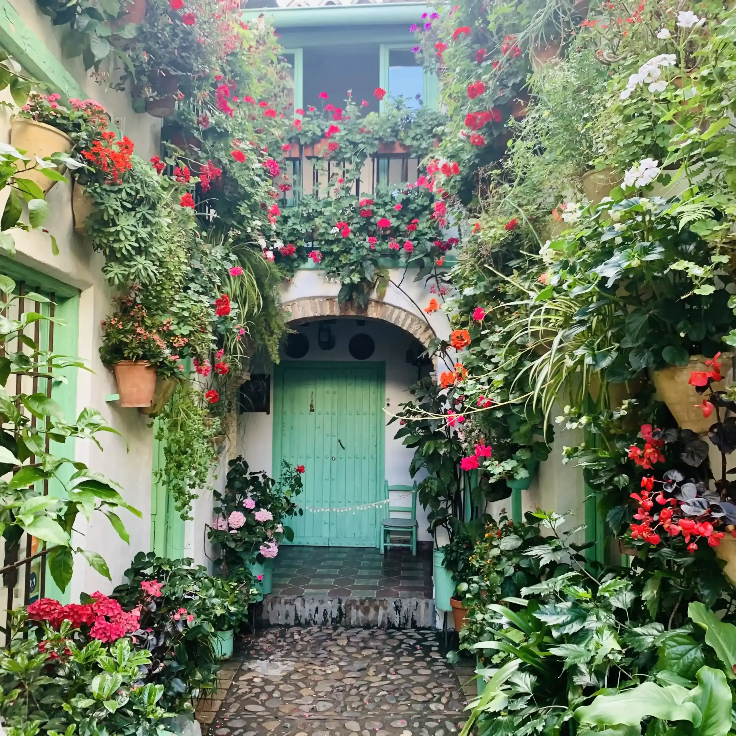 Patio di Córdoba con vasi di fiori su parete bianca e balcone interno