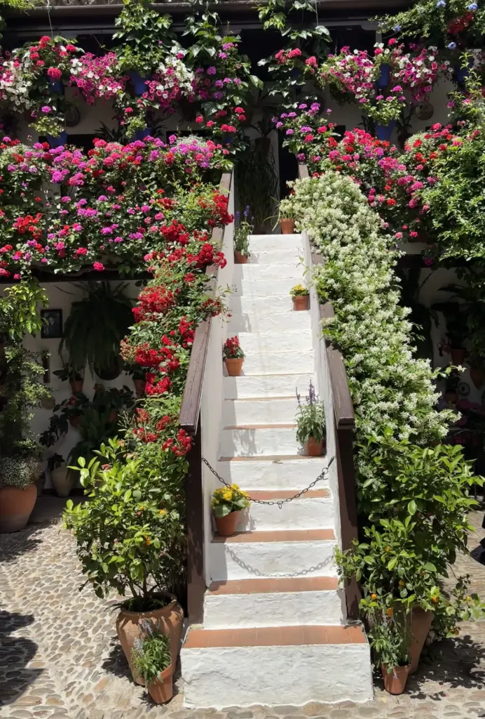 Patio di Córdoba con vasi di fiori su parete bianca e scala esterna