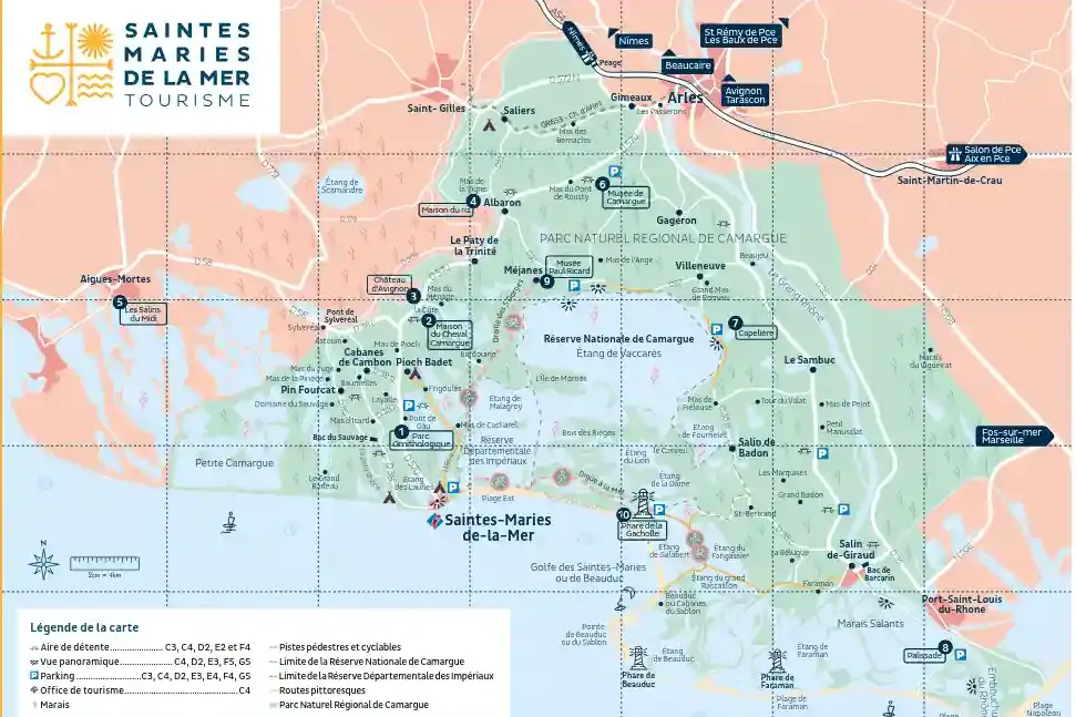 Cartina della Camargue con i luoghi principali, strade e sentieri