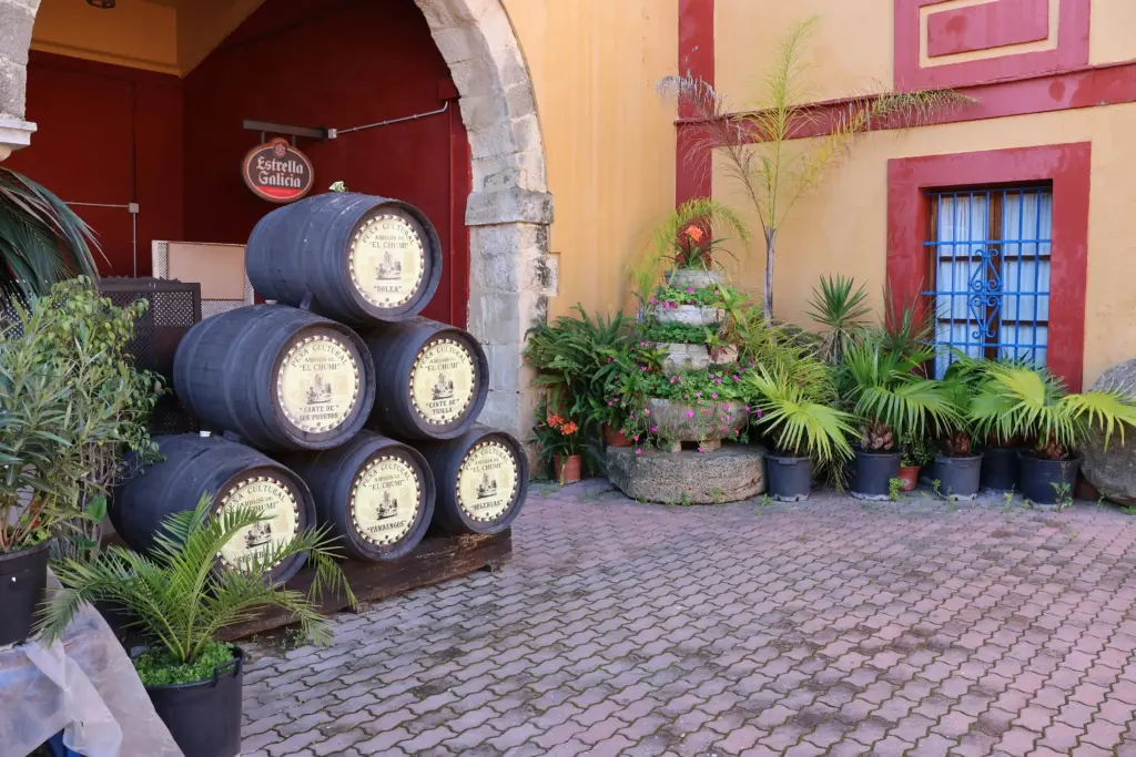 Botti di sherry in un cortile di El Puerto de Santa María nella provincia di Cadice