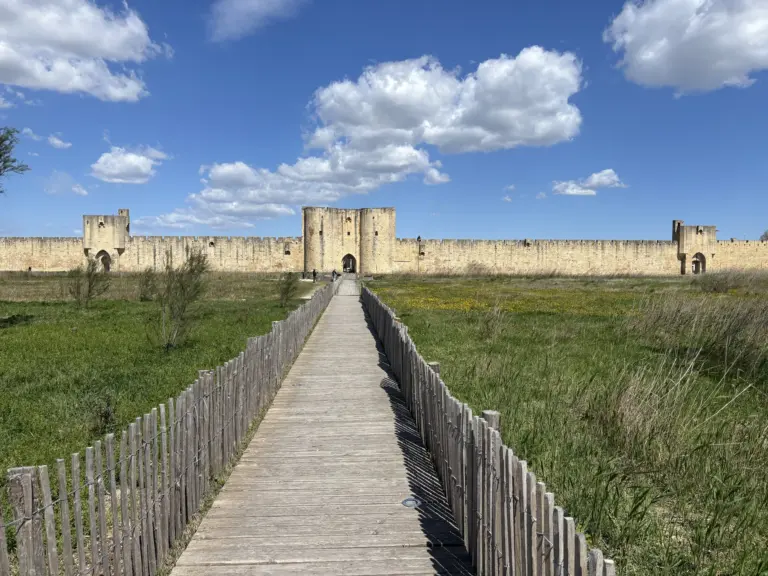 Passerella in legno tra la vegetazione che conduce alle mura medievali di Aigues-Mortes