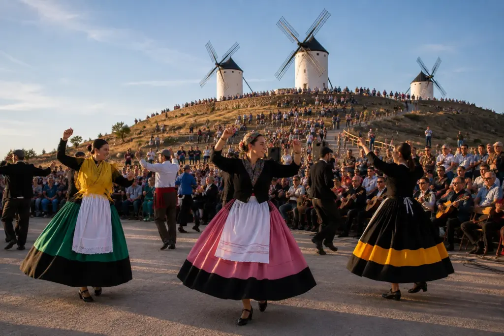 Ballerini in abiti tradizionali della Mancha con mulini a vento sullo sfondo durante la Fiesta de la Rosa del Azafrán a Consuegra