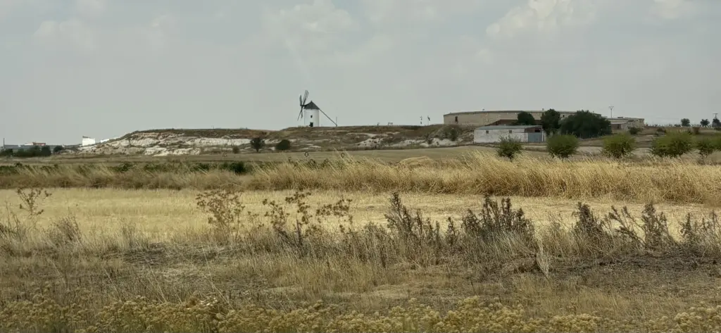 Paesaggio della Mancha con campi di cereali e mulino a vento